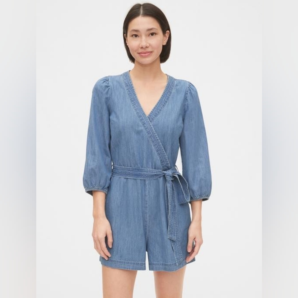 Gap Denim Puff Sleeve V-Neck Rompe